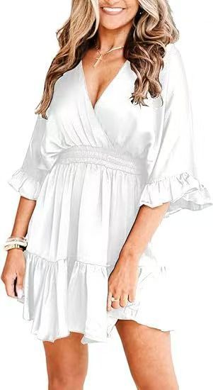 Womens V Neck Casual Dresses Summer Loose High Waist Ruffle Pleated Cute Mini Short Dress