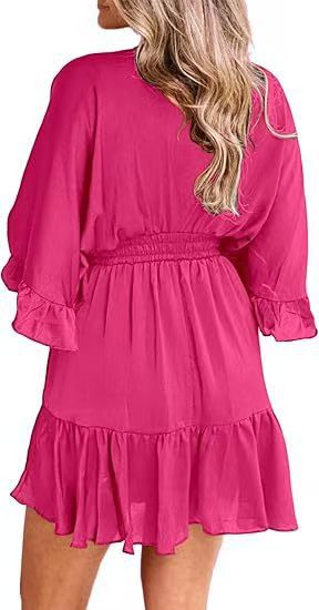 Womens V Neck Casual Dresses Summer Loose High Waist Ruffle Pleated Cute Mini Short Dress
