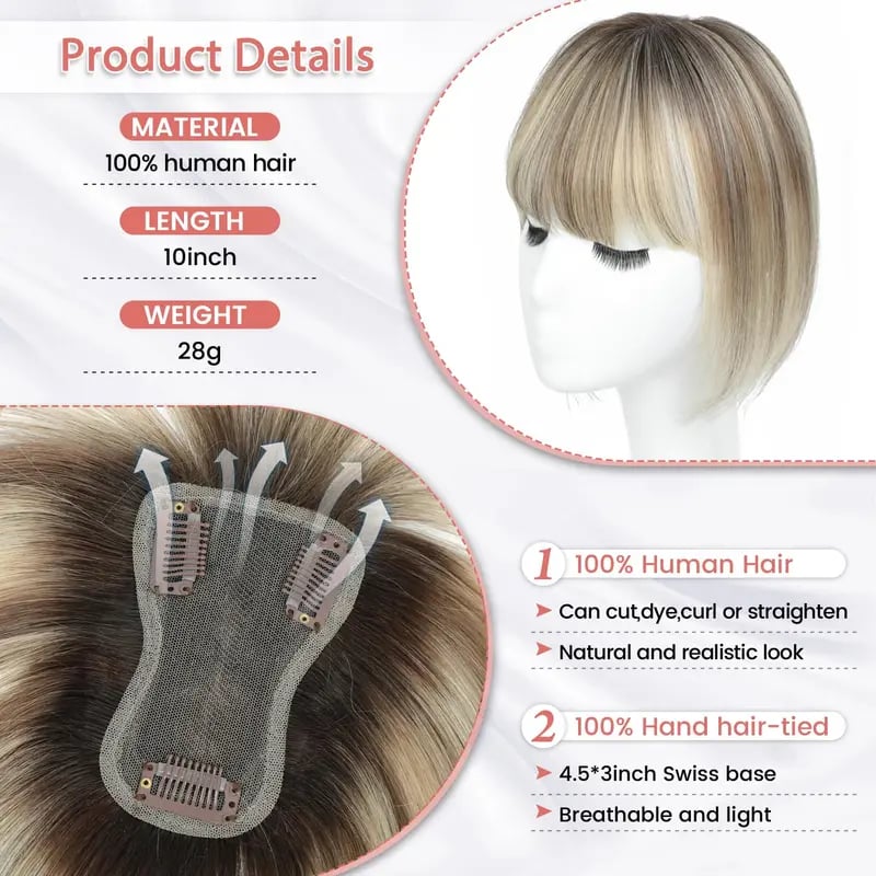 10inch Hair Toppers for Women Real Human Hair Toppers for Women with Thinning Hair Topper with Bangs Hair Toppers for Women Hair Pieces for Women(Top hair topper)